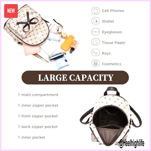 Mini Leather Backpack with Bowknot, Adjustable Straps, Multi-Pocket Design main image 6